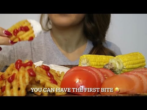 ASMR WAFFLE FRIES/TOMATO/CORN/TZATZIKI no talking CREMA ASMR #asmr #corn #fries #tzatziki #food