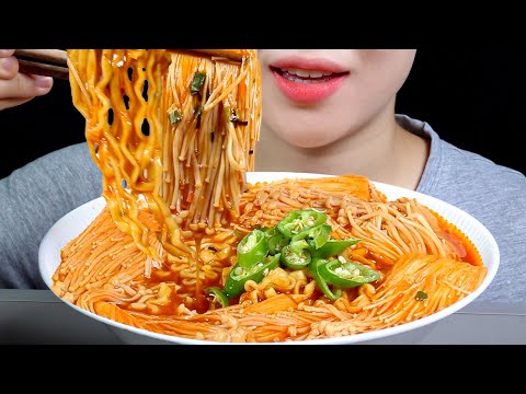 Samyang sent me Noodles! • Enoki Mushrooms Soupy Buldak Fire Noodles • Mukbang ASMR