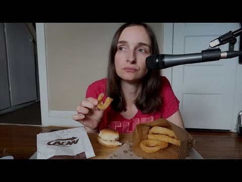 A&W Eating Onion Rings & Chicken Sandwich ~ Sit Down Chit Chat ASMR Whispered