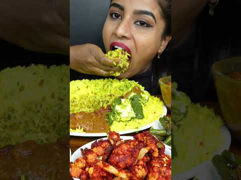 ASMR Eating Spicy Baingan Bhuna Masala,Ghee Pulao,Gobi,Palak Paneer Indian Food ASMR Eating Mukbang