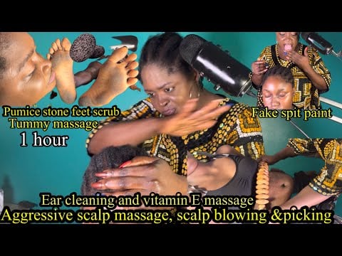 ASMR ✨Intense Hair scratch, pumice stone feet scrub, Tummy massage,Ear pick & Cleaning, scalp blowin