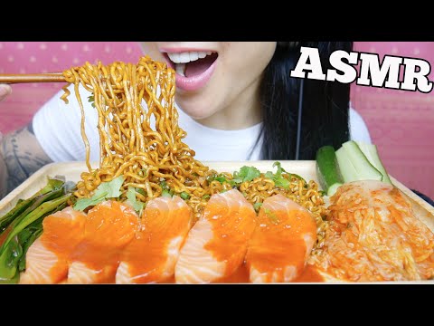 ASMR SPICY SAMYANG MALA NOODLES + SALMON SASHIMI + KIMCHI (EATING SOUNDS) NO TALKING | SAS-ASMR