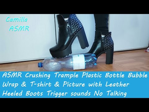 ASMR Crushing Trample Plastic Bottle Bubble Wrap & T-shirt & Picture with Leather Heeled Boots