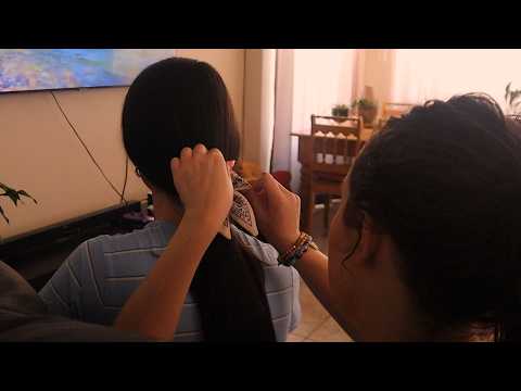 asmr playing with my friend's hair on the couch 🦋 hair brushing & back scratching on a real person