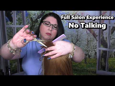 ASMR Hair Salon Roleplay (NO TALKING) (Wet Haircut, Blow Dry, Hair Dryer, Hair Straightening, Spray)