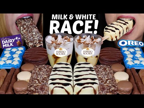 ASMR MILK & WHITE CHOCOLATE RACE! BIG CHOCOLATE ICE CREAM BAR, FERRERO GELATO, CADBURY, MACARONS 먹방