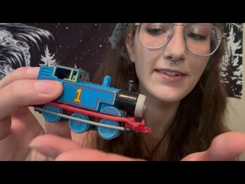 lofi asmr - examining and over explaining toy trains (tapping, close up whisper)