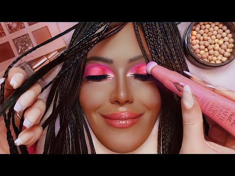 ASMR Sparkly Pink Makeup & Braid Hairplay on Mannequin (whispering, tapping, makeup sounds)