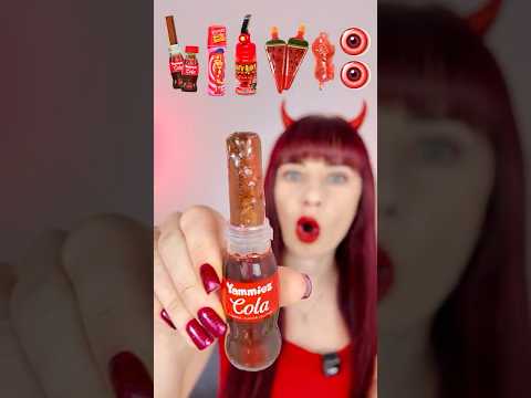 ASMR RED Candy Eating, Lollipops, Candy Spray, Gummy Eyeballs  #mukbang