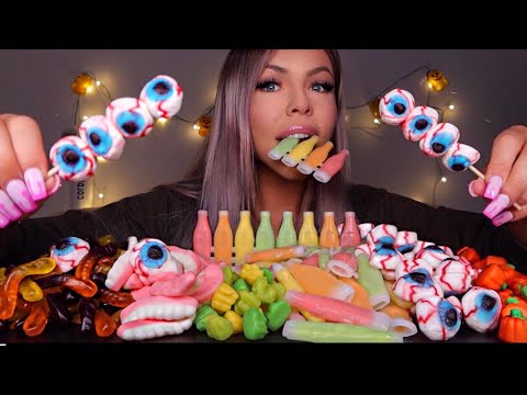 ASMR NIK-L-NIPS WAX BOTTLES CANDY DRINKS, JELLY EYEBALLS, MONSTER BOOGERS, JELLY TEETH MUKBANG 먹방