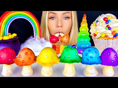 ASMR RAINBOW POT OF GOLD CAKE, COTTON CANDY CLOUD, RAINBOW MUSHROOM CANDY, CUPCAKE MUKBANG 먹방 꿀벌