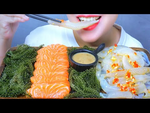 ASMR RAW SALMON JELLYFISH ,. SEAGRAPES , EATING SOUNDS , LINH-ASMR