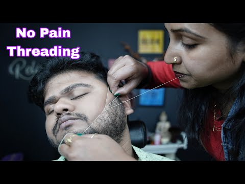 Men's Beard Threading ( No Pain ) With EyeBrows Threading ASMR | Lady Barber Doing Threading ASMR