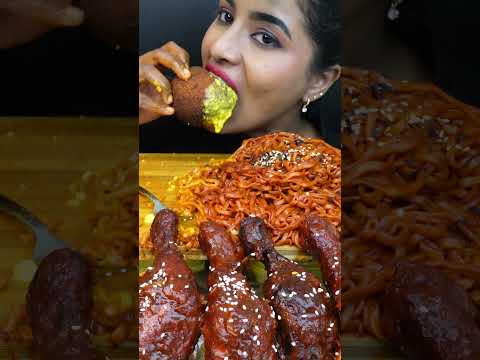 ASMR Eating Spicy Chicken Burger,Cheese Balls,Fire Noodles,Leg Piece ASMR Eating Mukbang Challenge