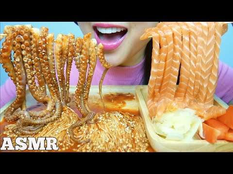 ASMR SPICY OCTOPUS vs. SALMON NOODLES + FIRE SAUCE + ENOKI (EATING SOUNDS) NO TALKING | SAS-ASMR