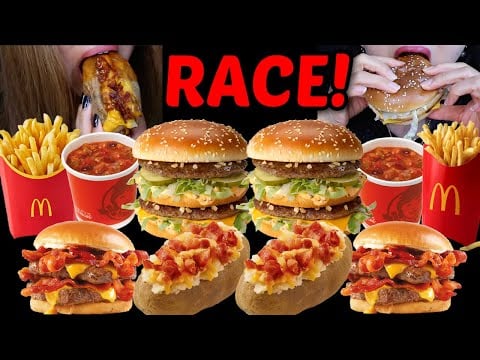 ASMR MCDONALDS VS WENDYS RACE! BIG MAC, CHILI, LOADED BAKED POTATO, ONION RINGS 먹방