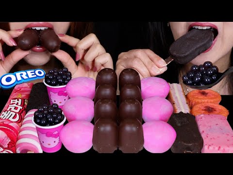 ASMR HELLO KITTY POPPING BOBA, MINI DARK CHOCOLATE MARSHMALLOWS, STRAWBERRY MOCHI ICE CREAM, OREO 먹방