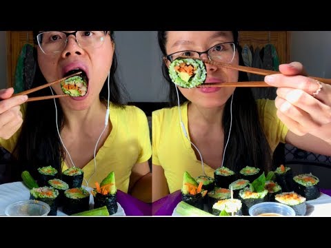 ASMR Eating Sounds *BIG BITES* CRUNCHY SUSHI, Fluffy Omlette, Raw Okra + Drank!! 🍣😋