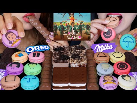 ASMR SQUID GAME MACARONS, MILKA CHOCOLATE CARAMEL BAR, OREO MOUSSE, MINI ICE CREAM SANDWICHES 먹방