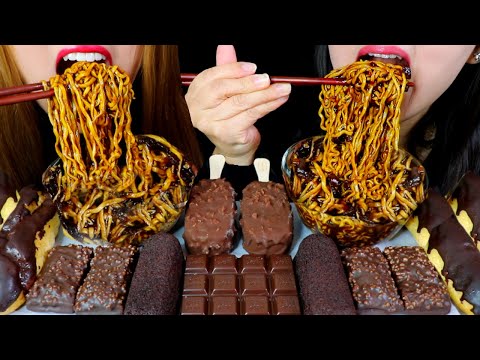 ASMR BLACK BEAN NOODLES, CHOCOLATE CAKE, DARK CHOCOLATE ICE CREAM, ECLAIRS 짜장면 먹방 | Kim&Liz ASMR