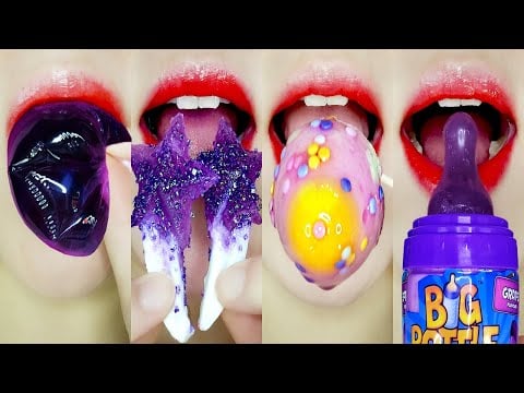 ASMR PURPLE EMOJI FOODS MUKBANG 💜 (Baby Bottle, Galaxy Star, Dino Egg Jelly & Honey)