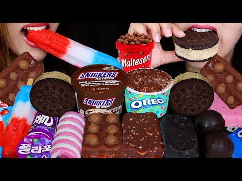 ASMR ICE CREAM PARTY! MALTESERS CHOCOLATE ICE CREAM BAR, SNICKERS SUNDAE, BON BONS, OREO SANDWICH 먹방