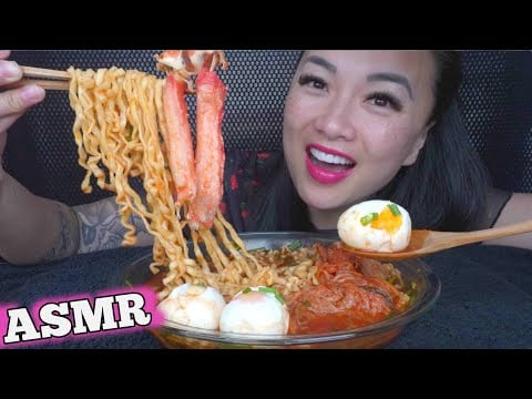 ASMR SPICY NOODLES + BABY KING CRAB LEGSS + EGGS (EATING SOUNDS) LIGHT WHISPERS | SAS-ASMR