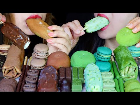 ASMR CHOCOLATE + GREEN TEA MOCHI, MAGNUM ICE CREAM BARS, TOWEL CREPE CAKE, MACARON, KITKAT, POCKY 먹방