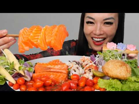 SPICY SEAFOOD (SALMON + OCTOPUS + SHRIMP) ASMR EATING SOUNDS | LIGHT WHISPERS | SAS-ASMR