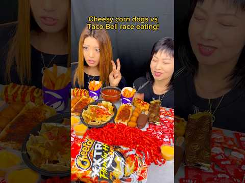 Cheesy corn dogs vs Taco Bell race eating challenge! #food #eating #mukbang #tacobell #asmr