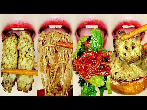 ASMR 🍜🔥SPICY COLD NOODLES & PORK BELLY🥓 KOREAN EMOJI FOOD EATING REAL SOUNDS