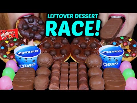 ASMR LEFTOVER DESSERT RACE! MALTESERS CHOCOLATE DONUT, OREO ICE CREAM CUPS, MILKA OREO BALLS, KINDER