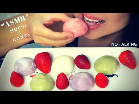 ASMR Mochi Icecream with Honey & Strawberries *Crunchy + Soft Chewy Eating Sounds* Christianna ASMR