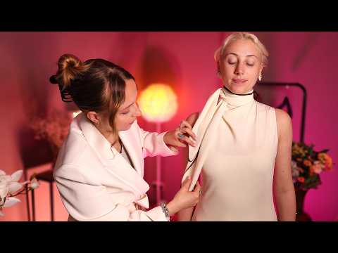 ASMR delicate bridesmaid dress and hair styling ✨ choosing, adjusting, lint rolling and hair styling