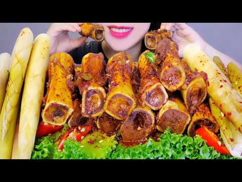 ASMR PORK BONE MARROW WITH SPICY SAUCE AND SICHUAN BAMBOO SHOOTS EATING SOUNDS | LINH ASMR