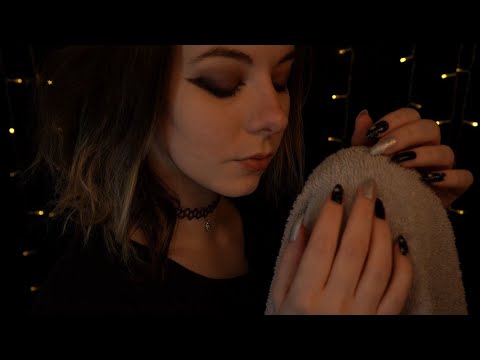 ASMR | slow towel scratching, breathing & minimal whispering - rain ambience