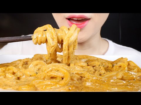 ASMR Creamy Basil Fire Buldak Udon Noodles Eating Sounds Mukbang