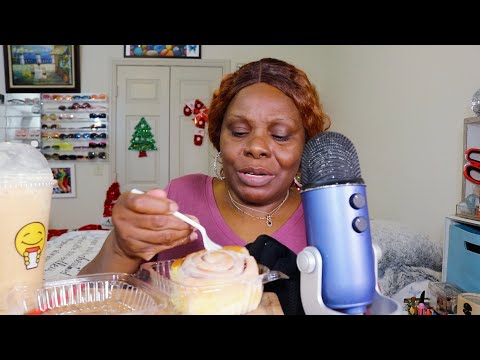 Frosted Cinnamon Roll With Banana-Nut Bread Latte ASMR Eating Sounds