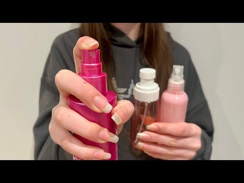 ASMR lo-fi spraying + combing your hair | 15 different spray bottles | camera combing 