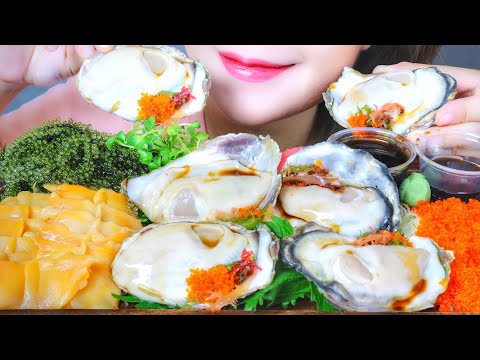 ASMR SASHIMI (RAW OYSTERS,  RAW HAIR CLAM, TOBIKO EGGS, SEA GRAPES) EATING SOUNDS | LINH-ASMR