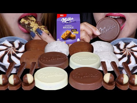 ASMR MILK & WHITE CHOCOLATE DESSERTS! MILKA CHOCO BROOKIE, DAIFUKU CREAM MOCHI, EDIBLE SPOONS 먹방