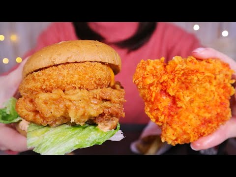 【ASMR/囁き】KFCの数量限定メニュー！クリーミーコロッケチキンフィレサンド、ジンジャーホットチキンを食べる音