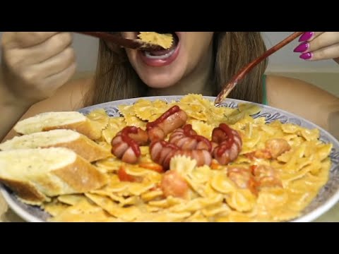 ASMR CREAMY FARFALLE PASTA ROSA SAUSAGE GARLIC BREAD NEW SOUND no talking CREMA ASMR #asmr #mukbang