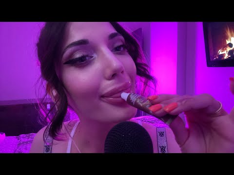 ASMR: Lipgloss application (smacking, mouth sounds + bonus