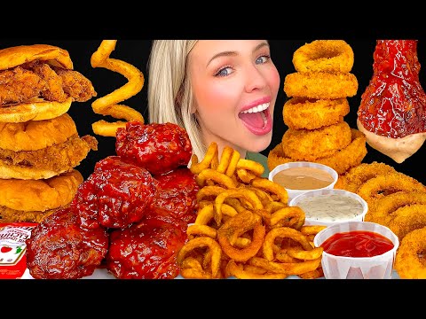 ASMR MUKBANG, Spicy Jalapeno Chicken Sandwich, Curly Fries, Dill Dip, Crispy Onion Rings Coleslaw 먹방