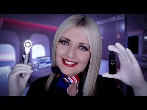 ASMR Ear Exam & Ear Cleaning by Doctor on First Class Flight! Relaxing Audio - Otoscope, Fizzy Drops