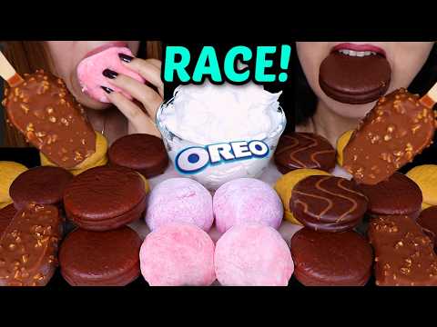 ASMR RACE! FRESH CREAM MOCHI, CHOCO PIE, CHOCOLATE ICE CREAM BARS & WHIPPED CREAM 먹방