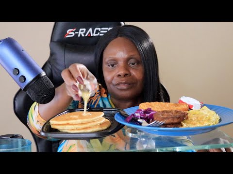 McDonalds Pan Cakes Hash-Brows Vegetarian Sausage ASMR EATING SOUNDS (MY TREAT)