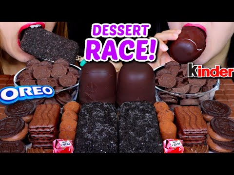 ASMR LEFTOVER DESSERT RACE! OREO ICE CREAM, GIANT CHOCOLATE MARSHMALLOW, KINDER, CHOCO PIE, CEREAL먹방