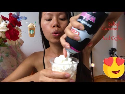 GOOD MORNING ASMR!! Making Starbucks DIY Salted Caramel Iced Coffee aka eating whipped cream hehe 😋